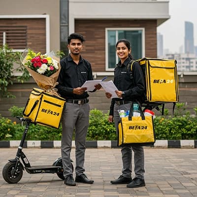 Beta24 riders on scooter with delivery bag